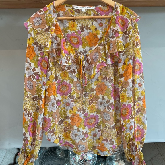 Veronica Beard Kitt Floral Silk Sheer Ruffle Collar Blouse Bell Sleeve Size 2 - Picture 5 of 8